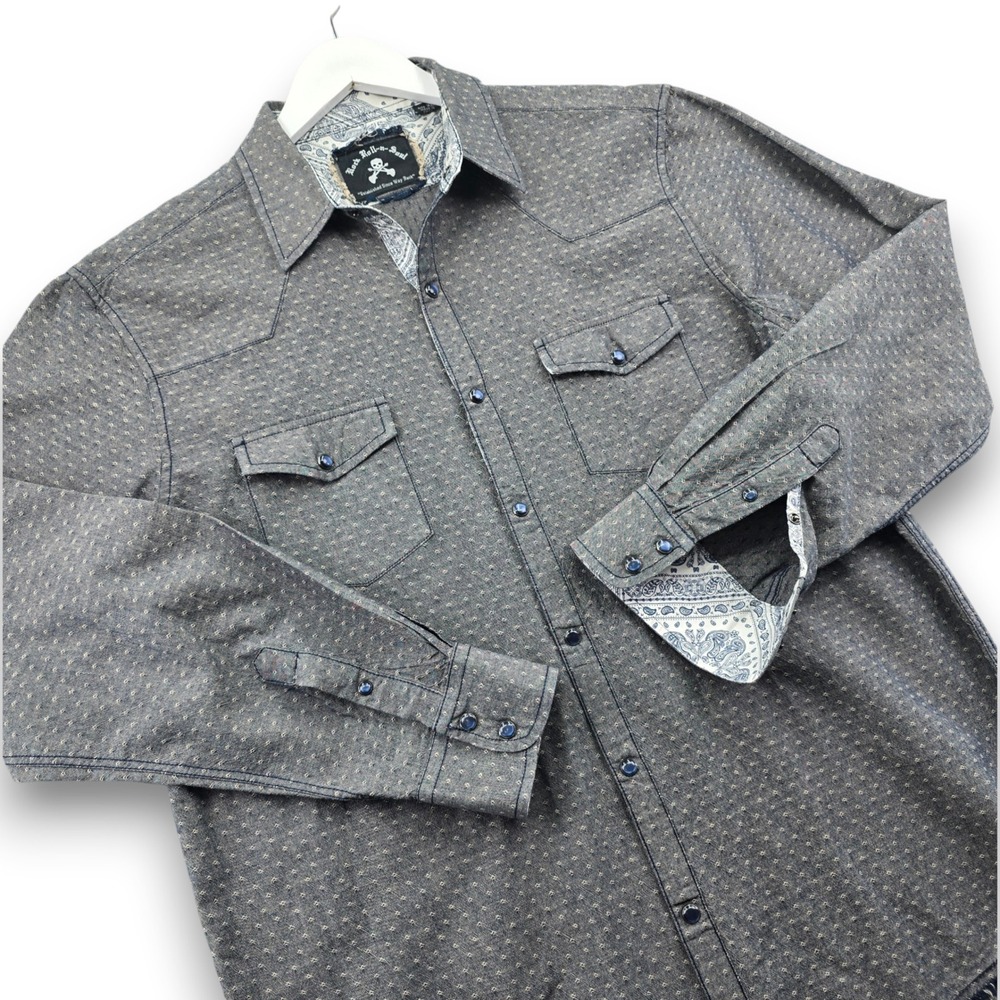 Rock Roll-n-Soul Mens XL Blue Gray Dobby Western Snap LS Shirt Frayed Hem
